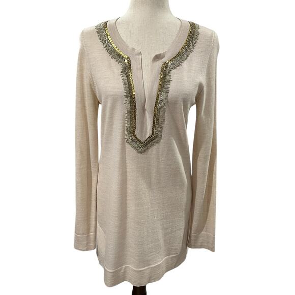 Tory Burch 100% Merino Wool V Neck Sweater with Beaded Neckline Size M EUC - Picture 1 of 5
